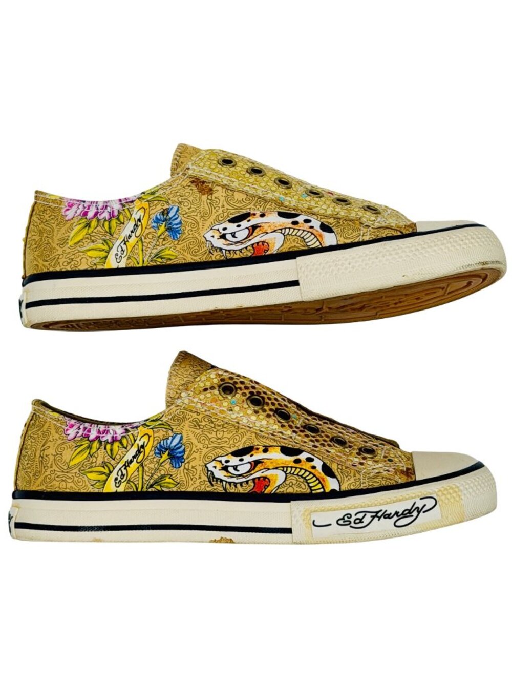 Vtg Y2K Ed Hardy Yellow Canvas Sneakers| McBling Grunge Sleaze Baddie Streetwear - Picture 4 of 16